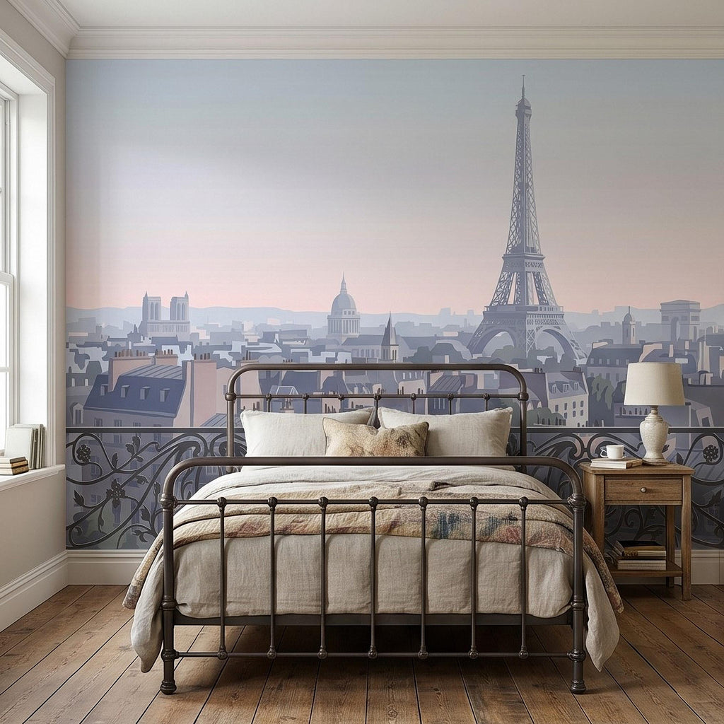 Paris Eiffel Tower Peel and Stick Wall Mural, French Cityscape Balcony View, Pastel Sunset Skyline Vintage Travel Illustration Wallpaper