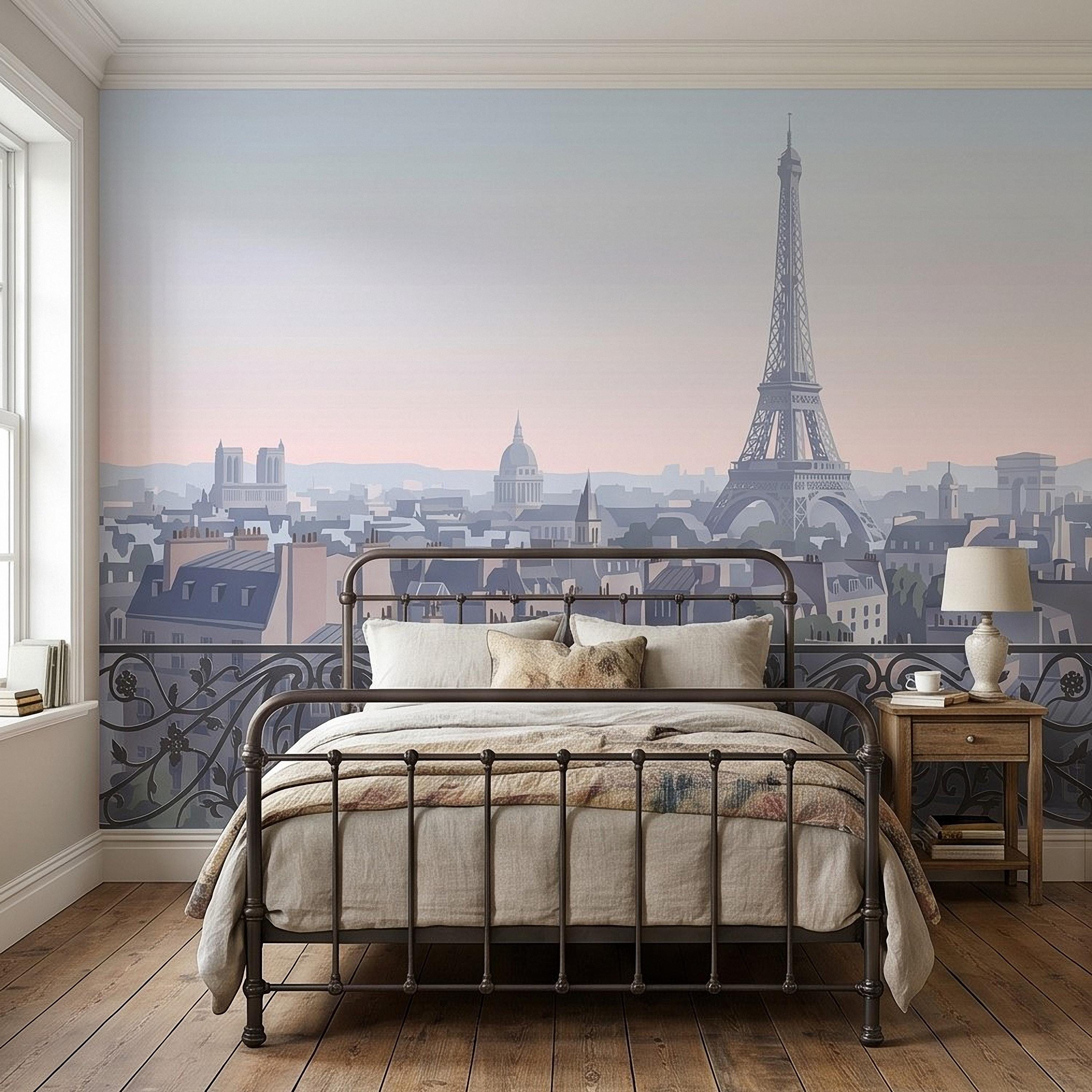 Paris Eiffel Tower Peel and Stick Wall Mural, French Cityscape Balcony View, Pastel Sunset Skyline Vintage Travel Illustration Wallpaper