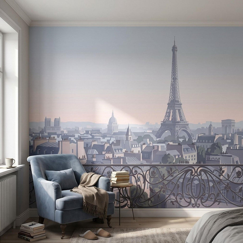 Paris Eiffel Tower Peel and Stick Wall Mural, French Cityscape Balcony View, Pastel Sunset Skyline Vintage Travel Illustration Wallpaper