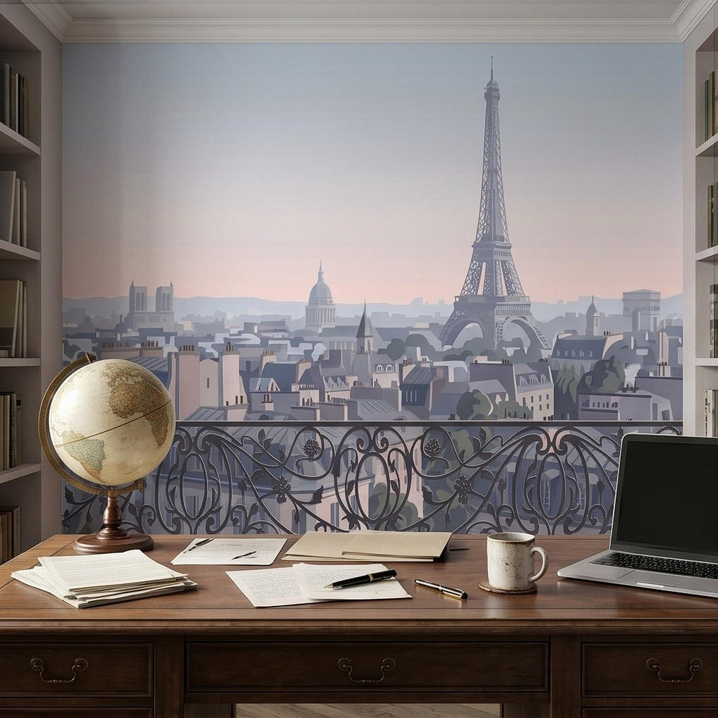 Paris Eiffel Tower Peel and Stick Wall Mural, French Cityscape Balcony View, Pastel Sunset Skyline Vintage Travel Illustration Wallpaper