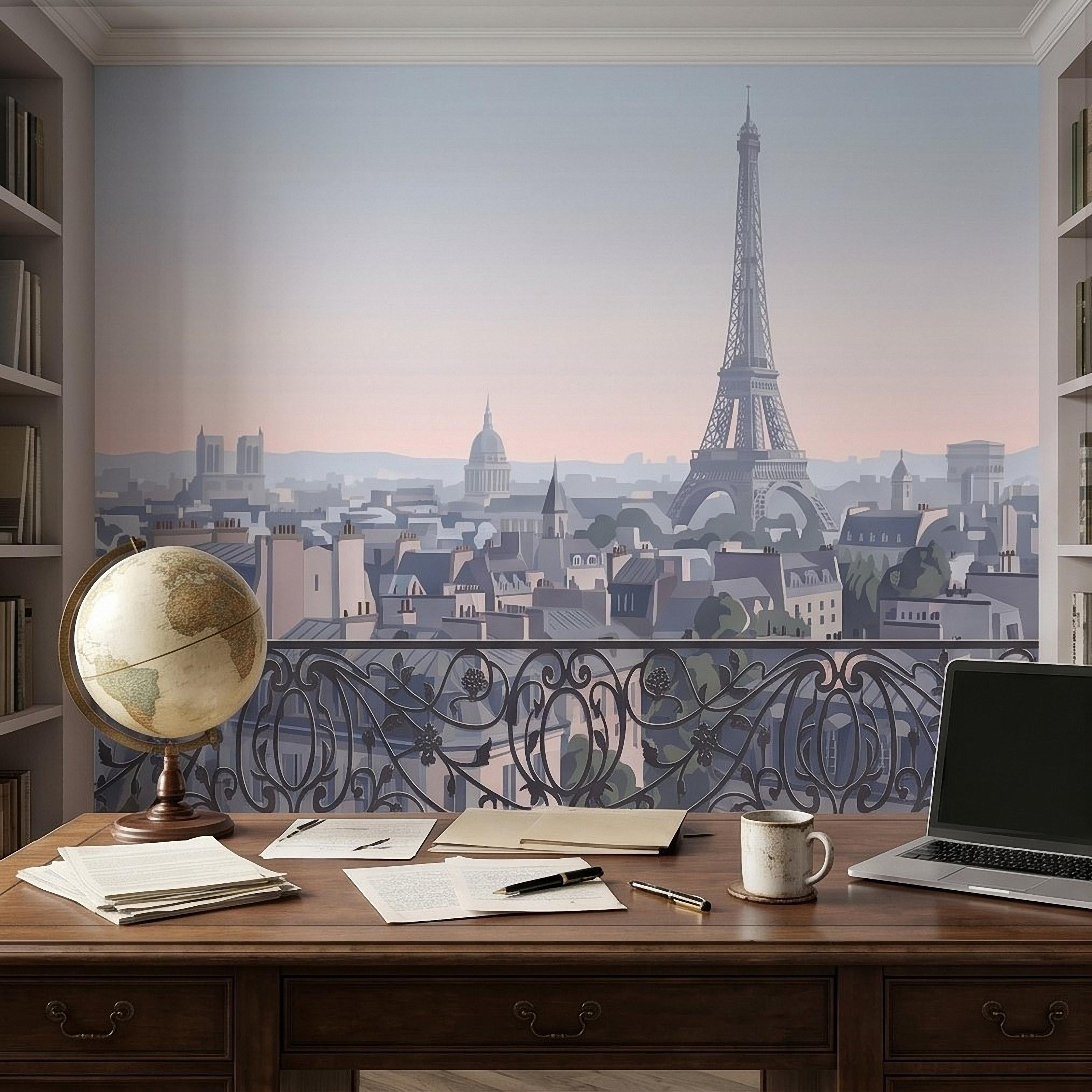 Paris Eiffel Tower Peel and Stick Wall Mural, French Cityscape Balcony View, Pastel Sunset Skyline Vintage Travel Illustration Wallpaper