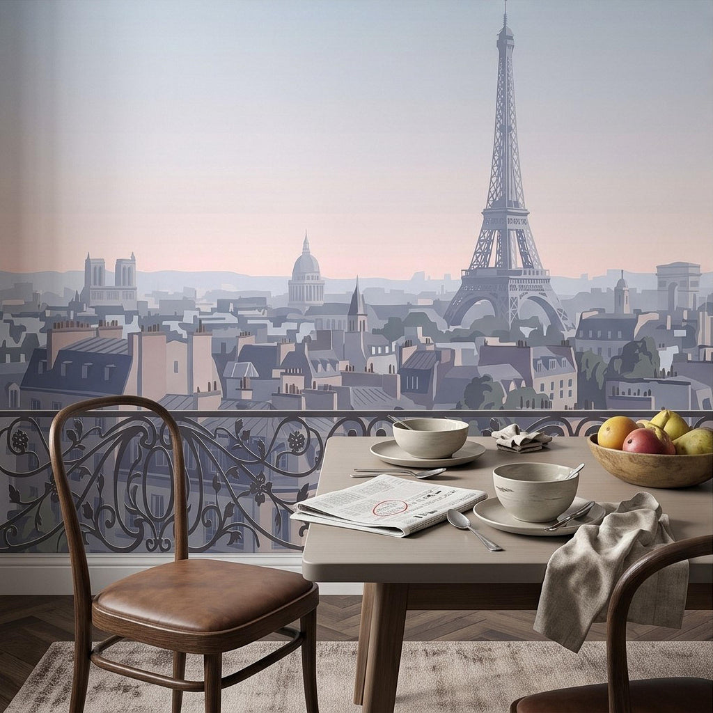 Paris Eiffel Tower Peel and Stick Wall Mural, French Cityscape Balcony View, Pastel Sunset Skyline Vintage Travel Illustration Wallpaper