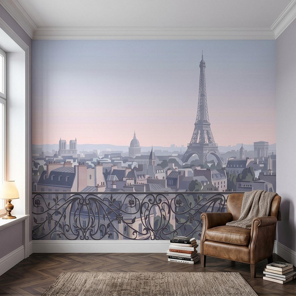 Paris Eiffel Tower Peel and Stick Wall Mural, French Cityscape Balcony View, Pastel Sunset Skyline Vintage Travel Illustration Wallpaper