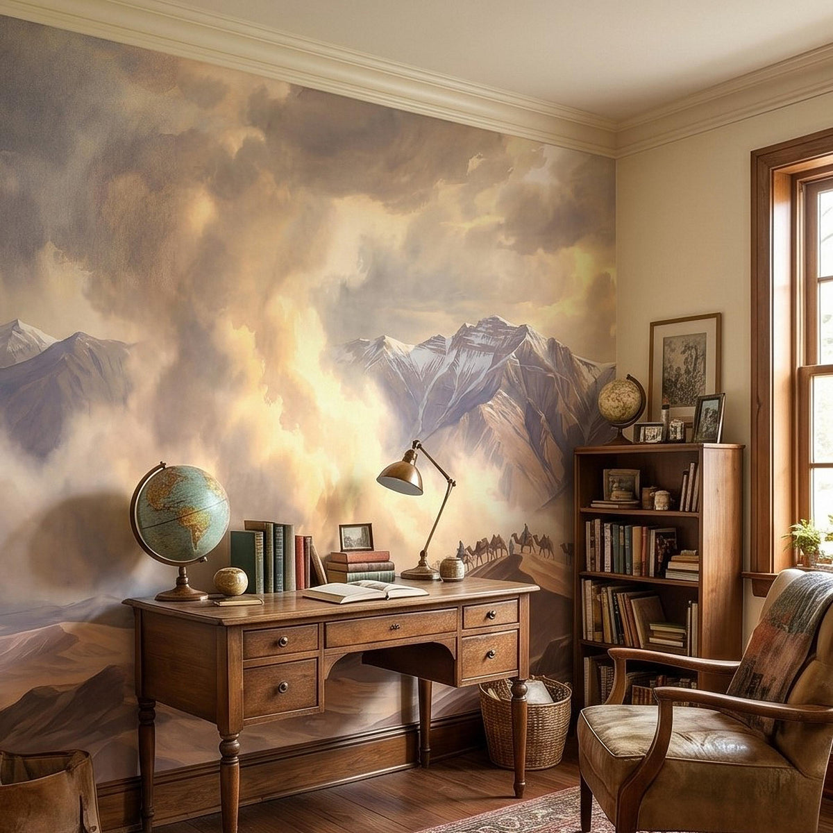 Desert caravan wall mural with camel train silhouette near distant misty mountain range