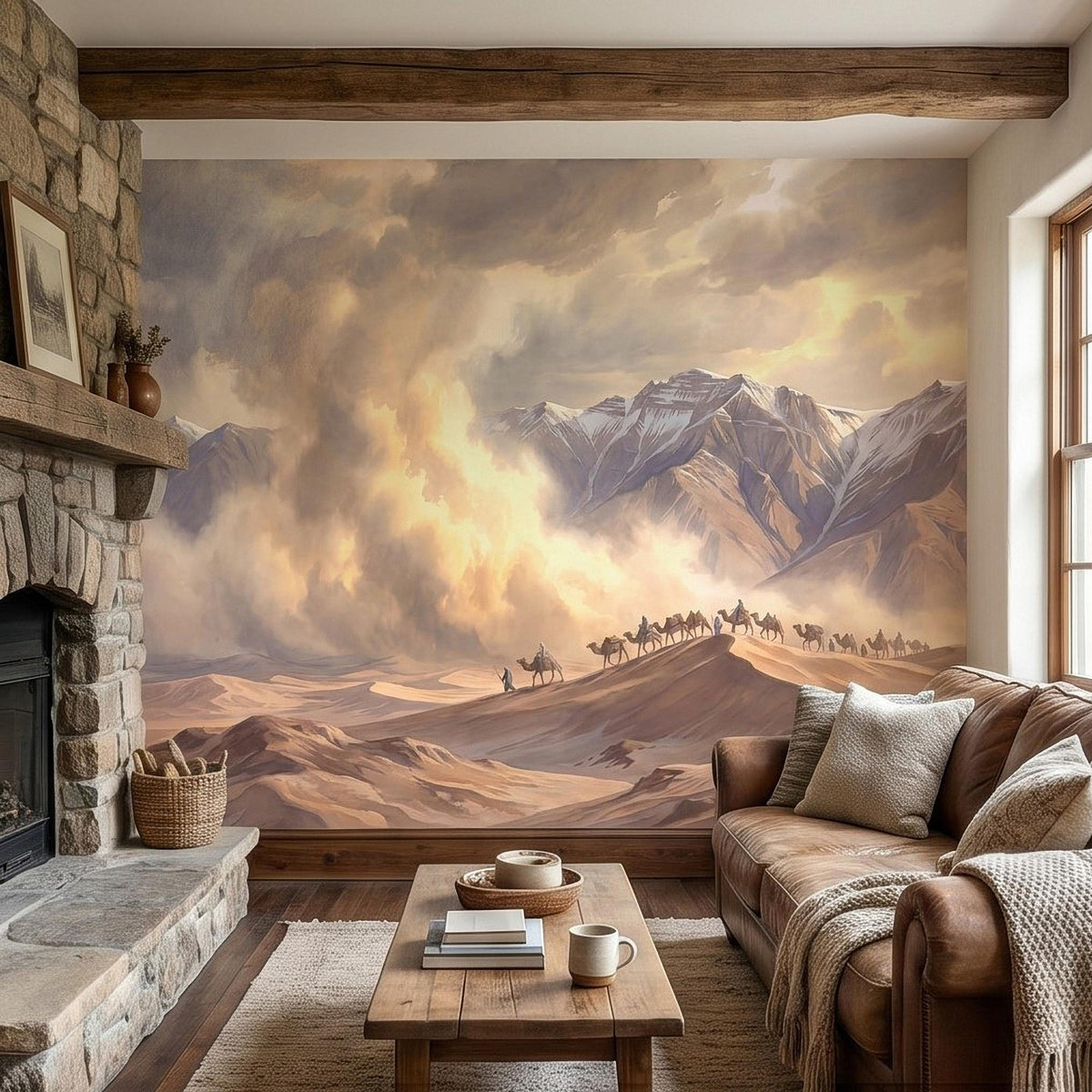 Desert caravan wall mural with camel train across sand dunes and misty mountains