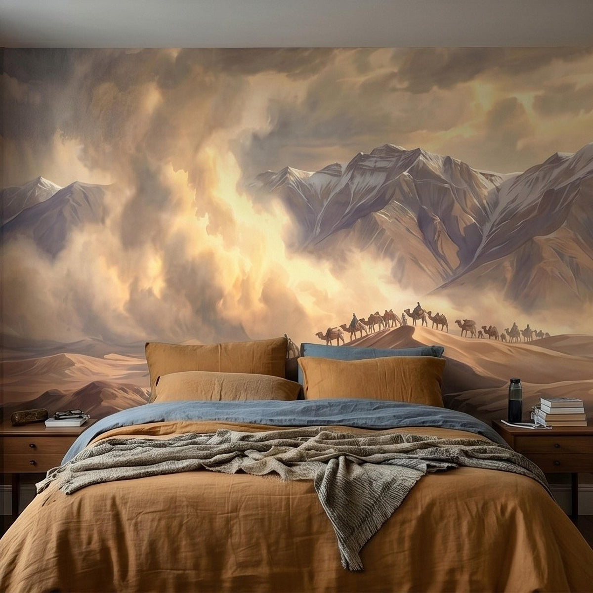 Desert caravan wall mural featuring camel train on sand dunes beneath cloudy mountains