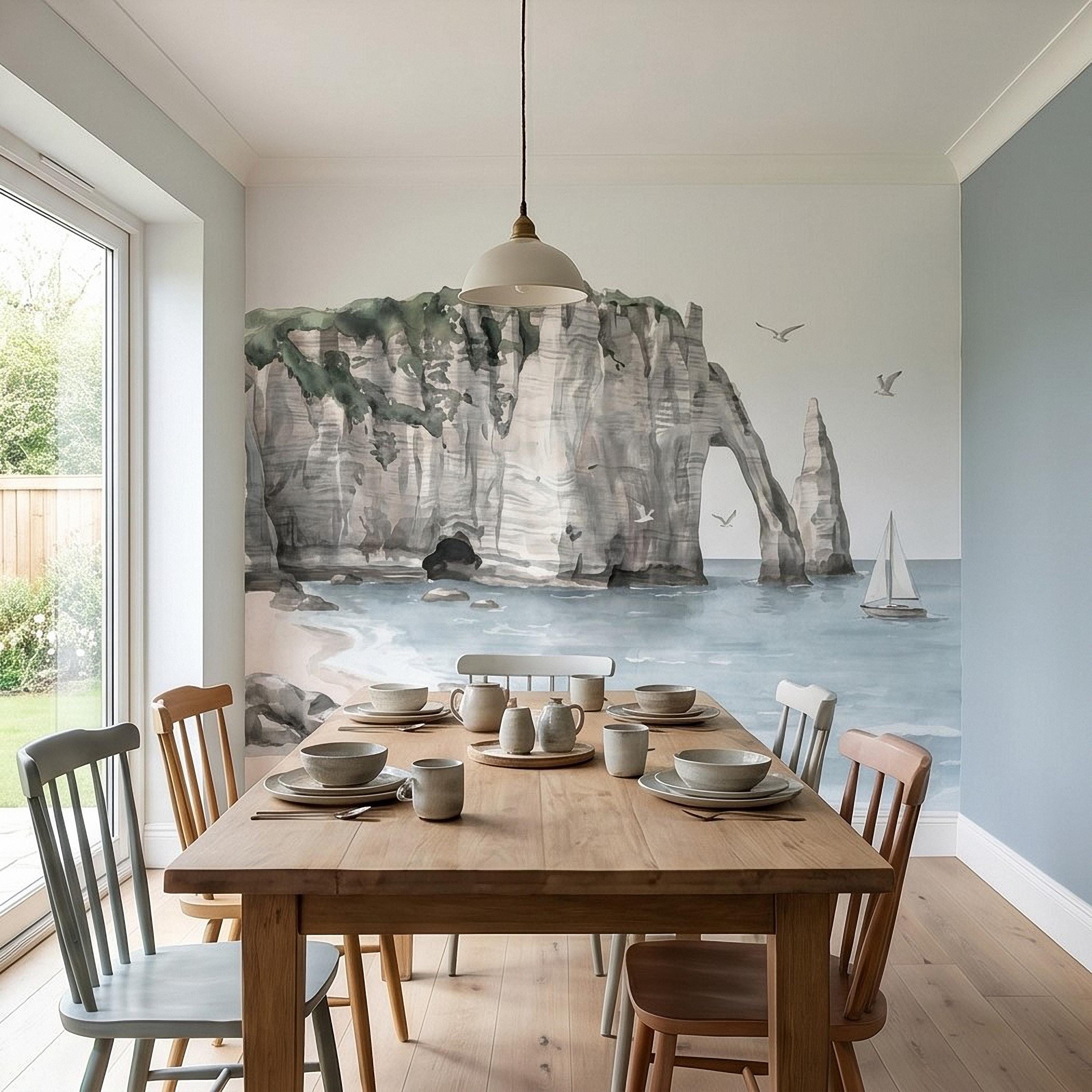Coastal Cliffs Peel and Stick Wall Mural, Watercolor Sea Arch Seascape, Sailboat & Seagulls, Beach Ocean Landscape, Neutral Scandi Wallpaper