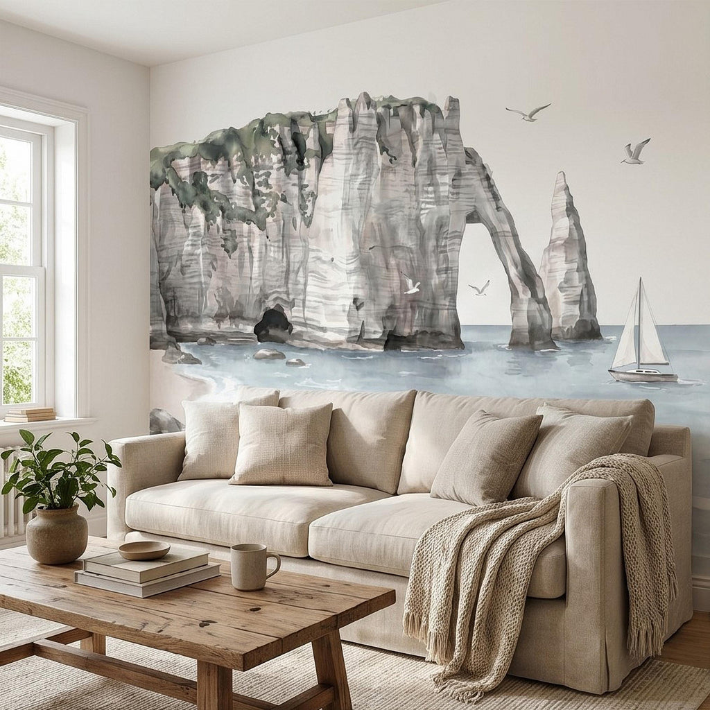 Coastal Cliffs Peel and Stick Wall Mural, Watercolor Sea Arch Seascape, Sailboat & Seagulls, Beach Ocean Landscape, Neutral Scandi Wallpaper