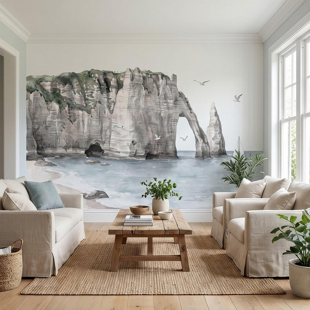 Coastal Cliffs Peel and Stick Wall Mural, Watercolor Sea Arch Seascape, Sailboat & Seagulls, Beach Ocean Landscape, Neutral Scandi Wallpaper