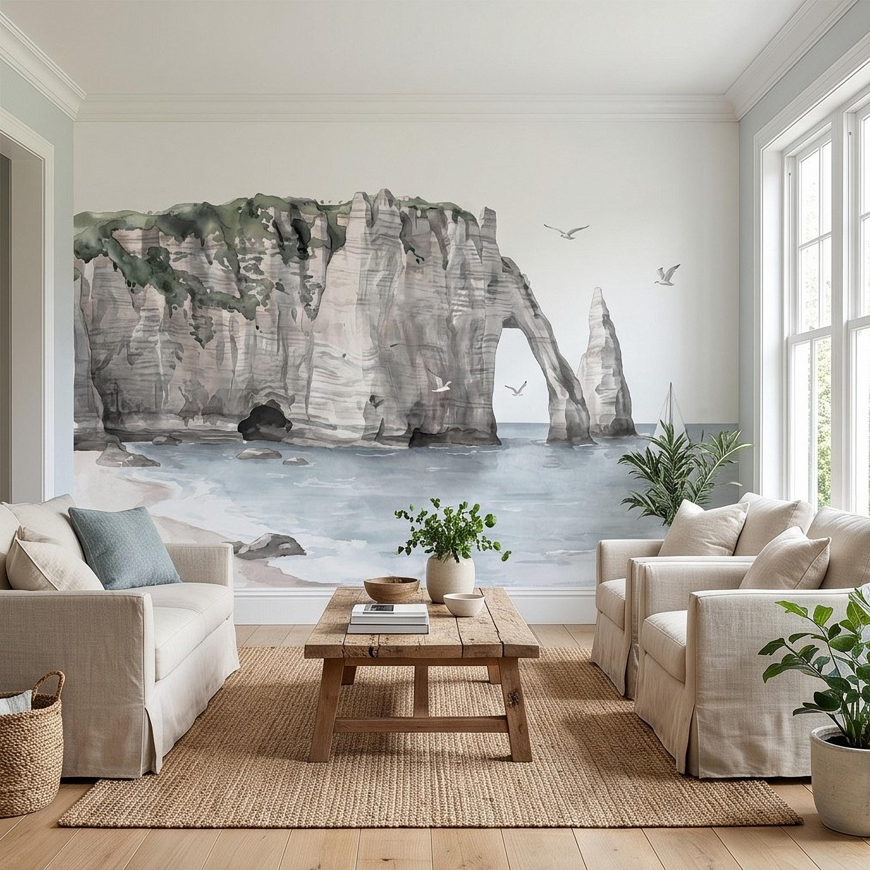 Coastal Cliffs Peel and Stick Wall Mural, Watercolor Sea Arch Seascape, Sailboat & Seagulls, Beach Ocean Landscape, Neutral Scandi Wallpaper