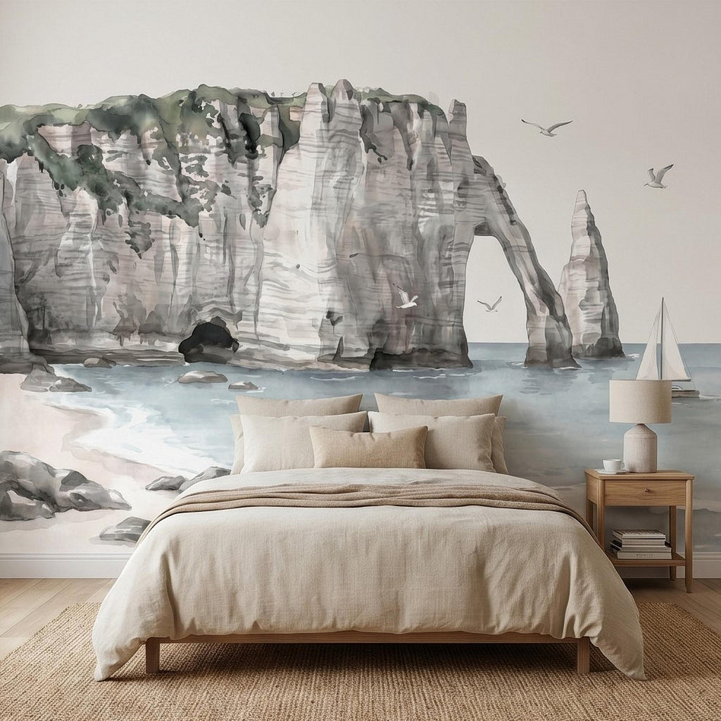 Coastal Cliffs Peel and Stick Wall Mural, Watercolor Sea Arch Seascape, Sailboat & Seagulls, Beach Ocean Landscape, Neutral Scandi Wallpaper