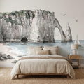 Coastal Cliffs Peel and Stick Wall Mural, Watercolor Sea Arch Seascape, Sailboat & Seagulls, Beach Ocean Landscape, Neutral Scandi Wallpaper