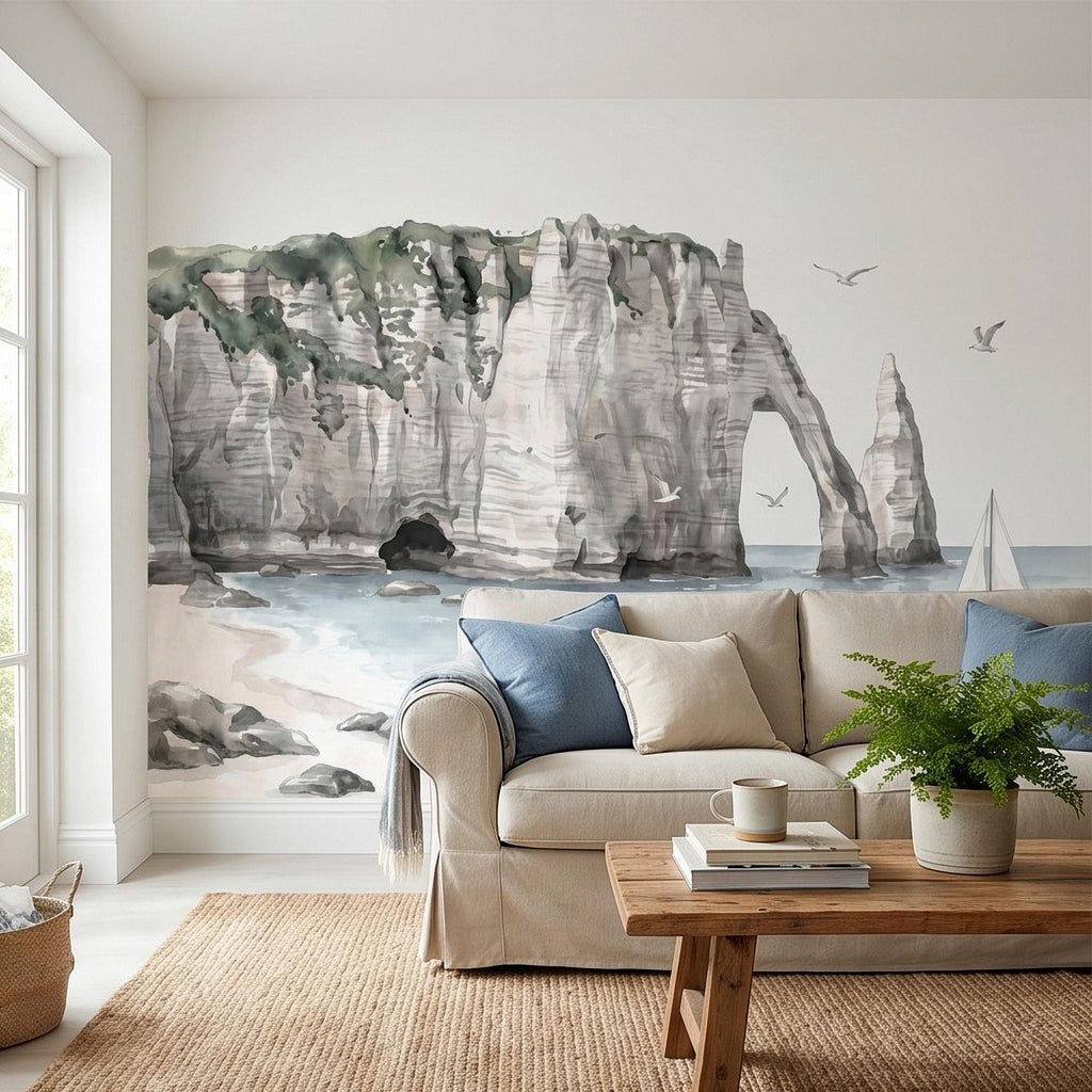 Coastal Cliffs Peel and Stick Wall Mural, Watercolor Sea Arch Seascape, Sailboat & Seagulls, Beach Ocean Landscape, Neutral Scandi Wallpaper