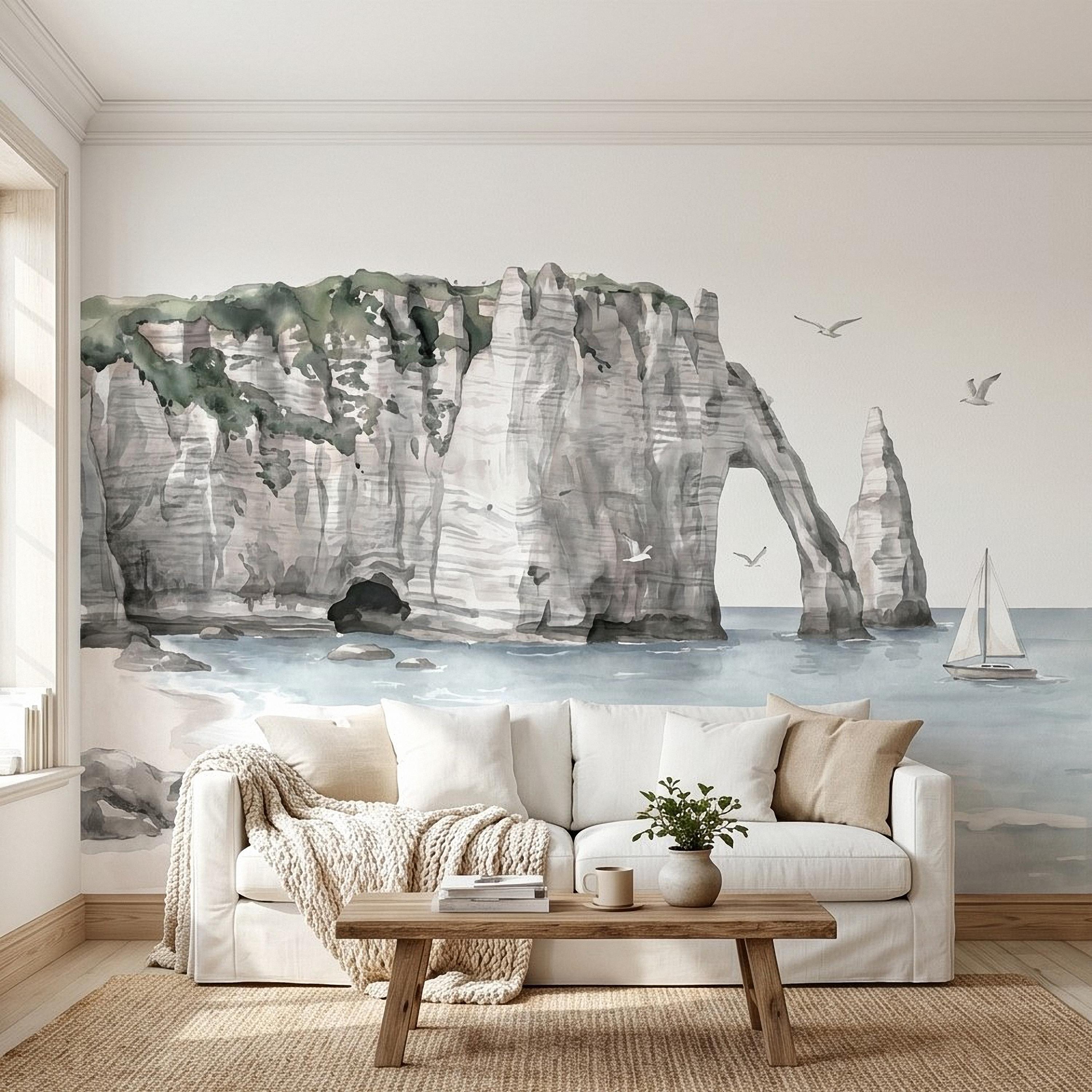 Coastal Cliffs Peel and Stick Wall Mural, Watercolor Sea Arch Seascape, Sailboat & Seagulls, Beach Ocean Landscape, Neutral Scandi Wallpaper