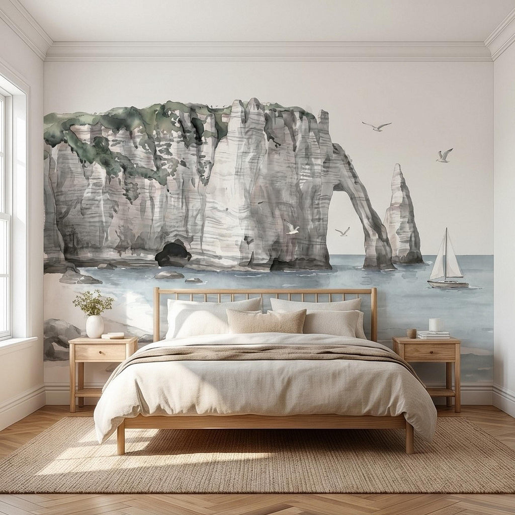Coastal Cliffs Peel and Stick Wall Mural, Watercolor Sea Arch Seascape, Sailboat & Seagulls, Beach Ocean Landscape, Neutral Scandi Wallpaper