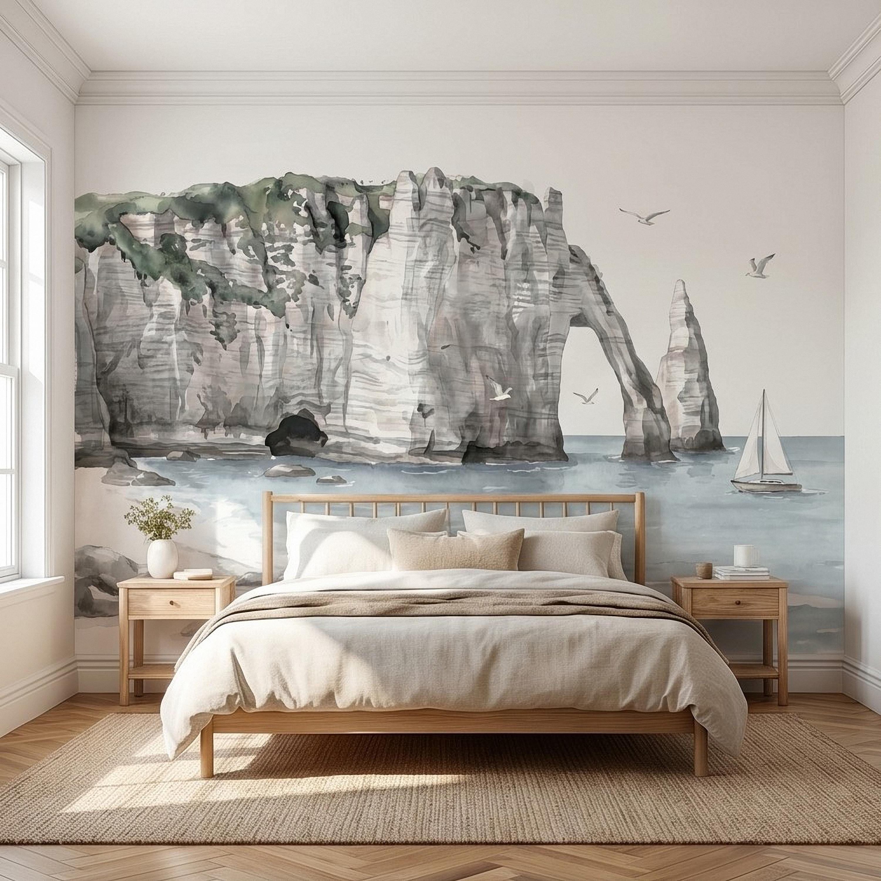 Coastal Cliffs Peel and Stick Wall Mural, Watercolor Sea Arch Seascape, Sailboat & Seagulls, Beach Ocean Landscape, Neutral Scandi Wallpaper
