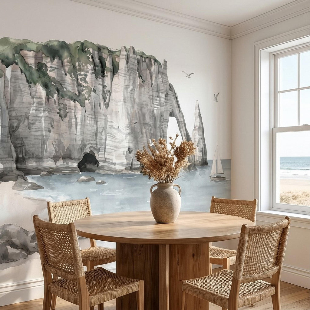 Coastal Cliffs Peel and Stick Wall Mural, Watercolor Sea Arch Seascape, Sailboat & Seagulls, Beach Ocean Landscape, Neutral Scandi Wallpaper