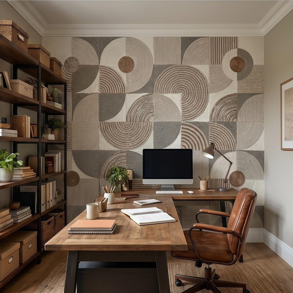 Abstract Geometric Peel and Stick Wall Mural, Neutral Beige Taupe Circles & Arches, Mid Century Modern Boho Scandi Textured Wallpaper