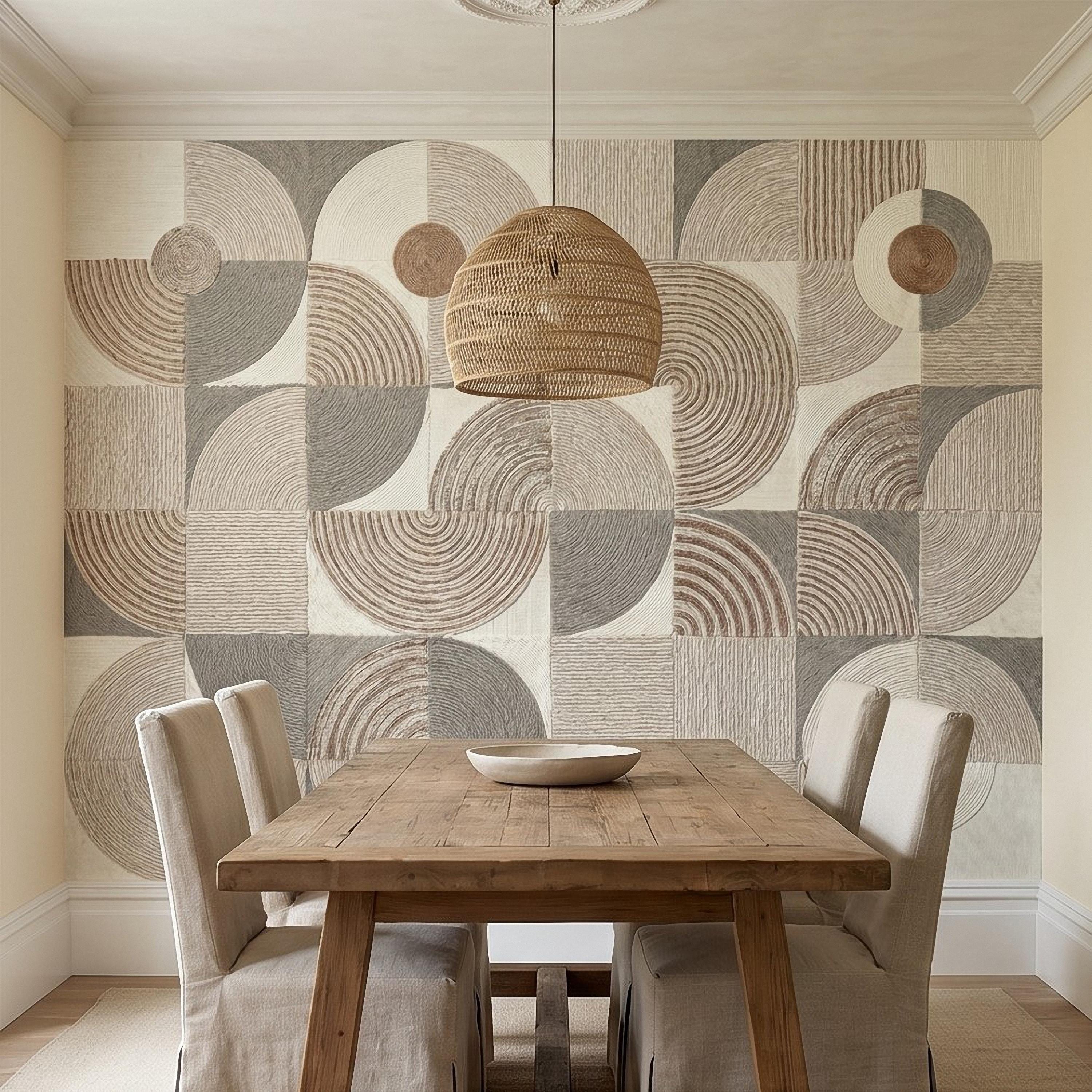 Abstract Geometric Peel and Stick Wall Mural, Neutral Beige Taupe Circles & Arches, Mid Century Modern Boho Scandi Textured Wallpaper