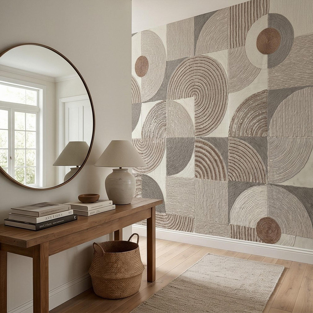 Abstract Geometric Peel and Stick Wall Mural, Neutral Beige Taupe Circles & Arches, Mid Century Modern Boho Scandi Textured Wallpaper