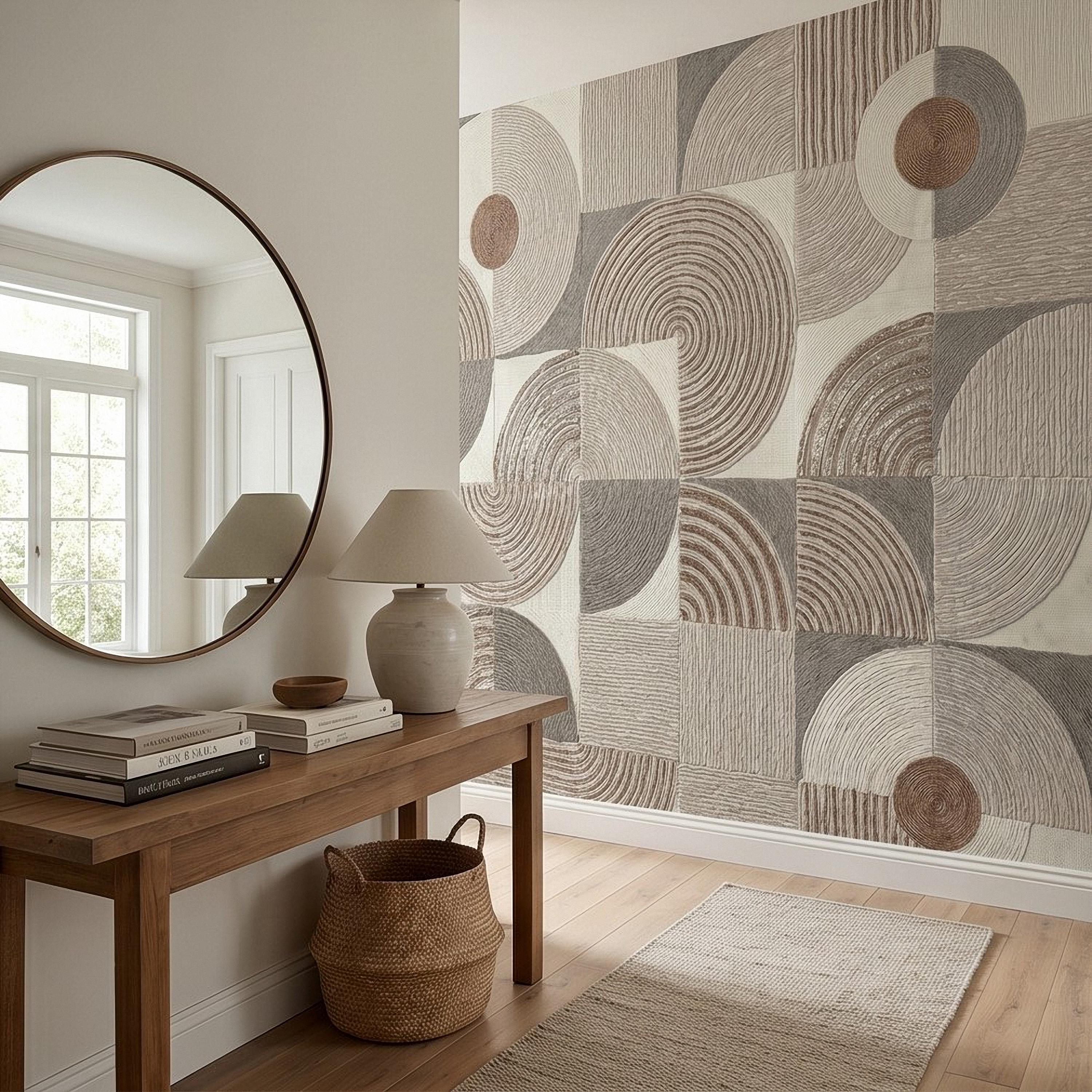 Abstract Geometric Peel and Stick Wall Mural, Neutral Beige Taupe Circles & Arches, Mid Century Modern Boho Scandi Textured Wallpaper