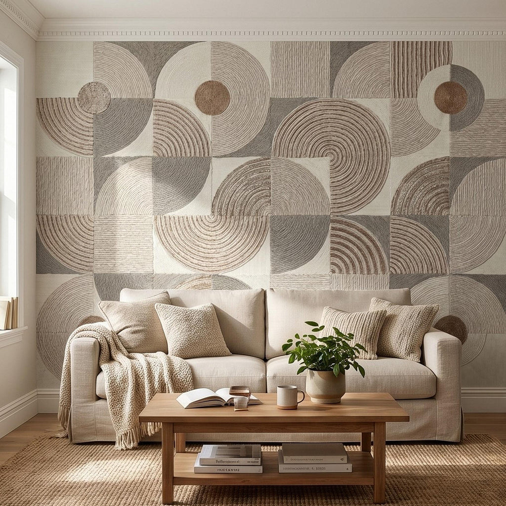 Abstract Geometric Peel and Stick Wall Mural, Neutral Beige Taupe Circles & Arches, Mid Century Modern Boho Scandi Textured Wallpaper