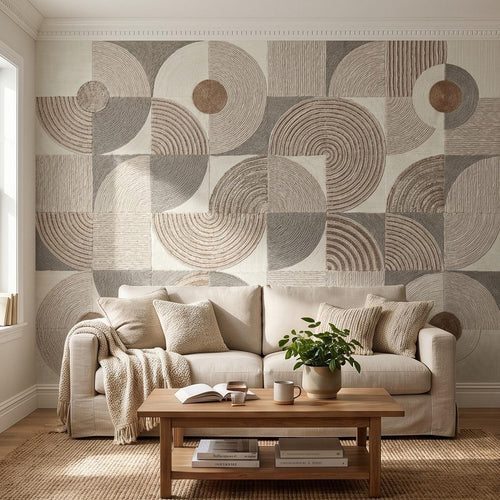 Textured wall mural with neutral circle and arch pattern in beige, taupe, and gray