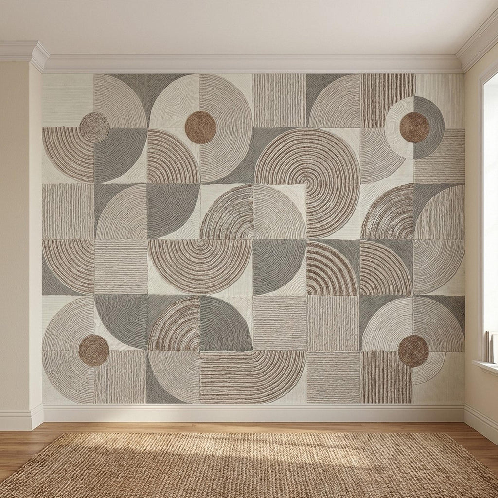 Abstract Geometric Peel and Stick Wall Mural, Neutral Beige Taupe Circles & Arches, Mid Century Modern Boho Scandi Textured Wallpaper