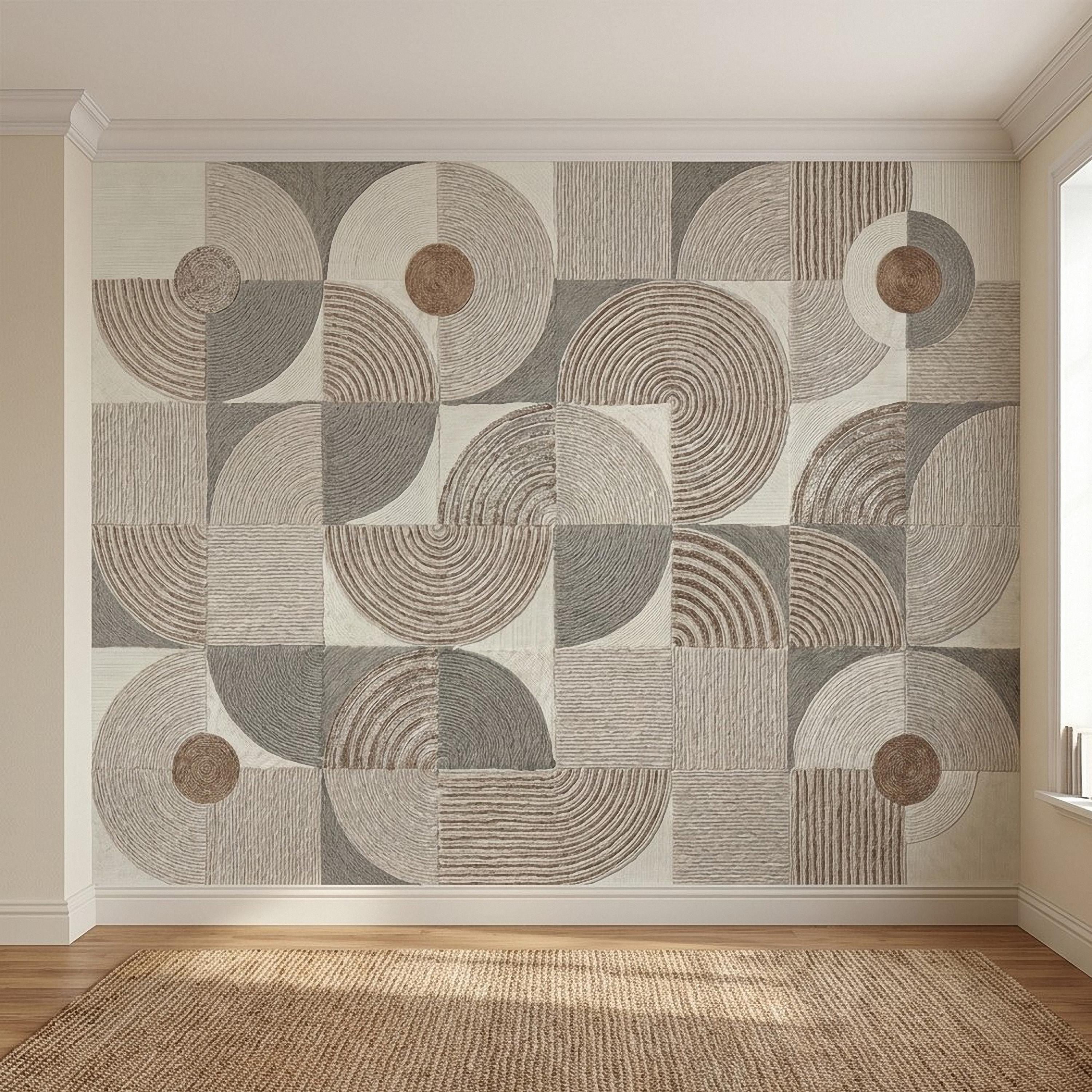 Abstract Geometric Peel and Stick Wall Mural, Neutral Beige Taupe Circles & Arches, Mid Century Modern Boho Scandi Textured Wallpaper