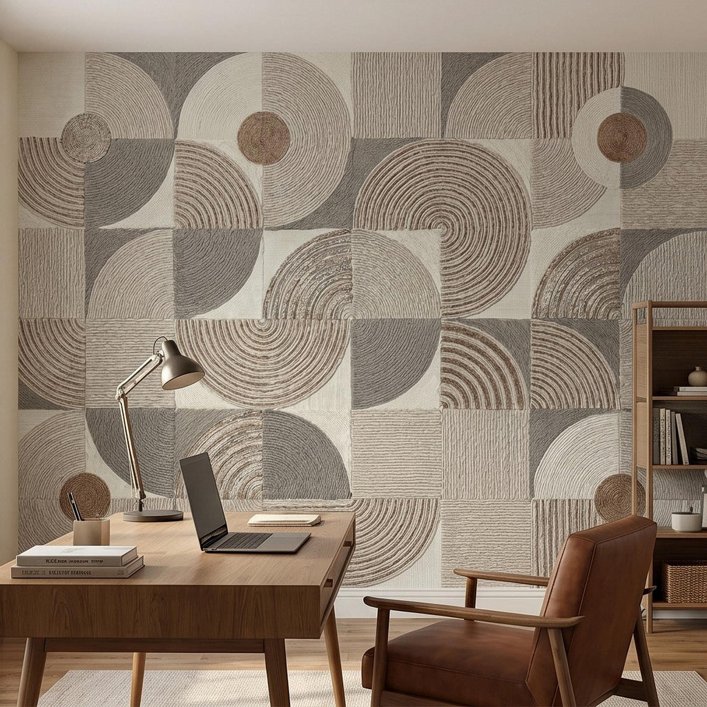 Abstract Geometric Peel and Stick Wall Mural, Neutral Beige Taupe Circles & Arches, Mid Century Modern Boho Scandi Textured Wallpaper