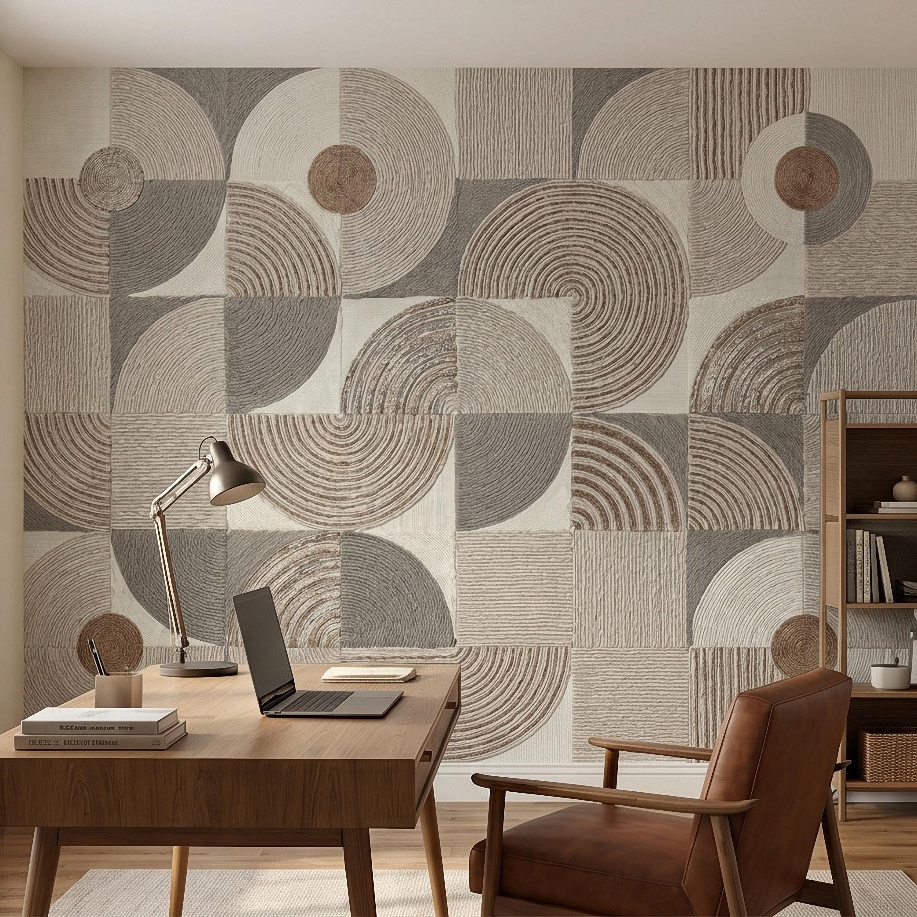 Abstract Geometric Peel and Stick Wall Mural, Neutral Beige Taupe Circles & Arches, Mid Century Modern Boho Scandi Textured Wallpaper