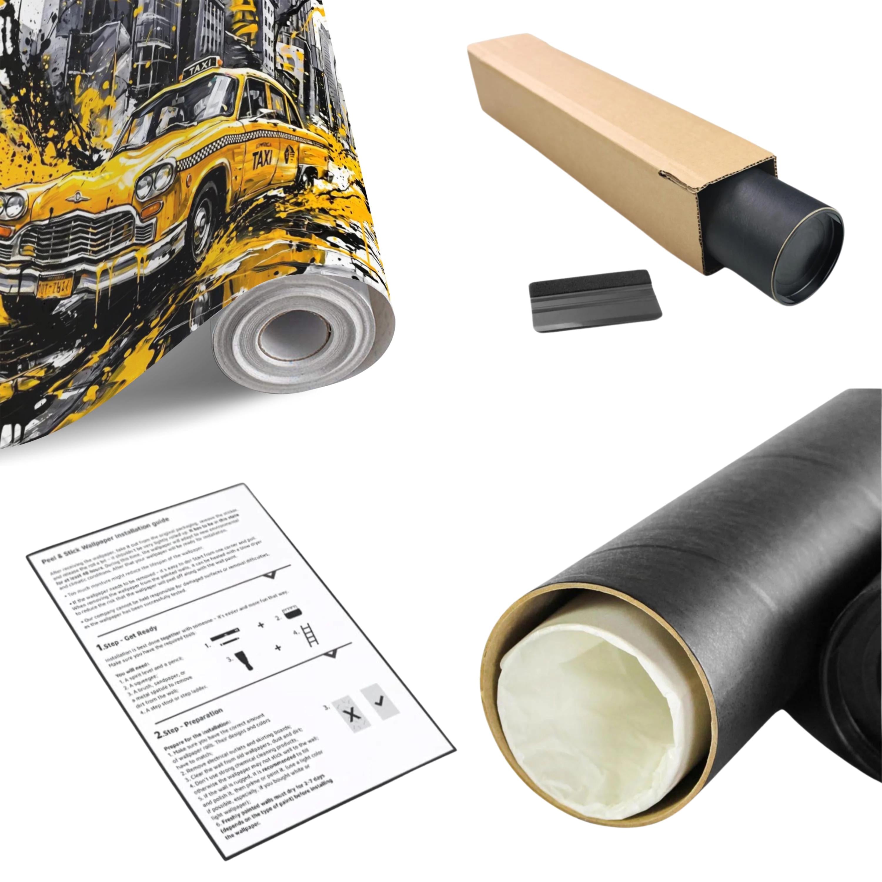 New York City Taxi Peel and Stick Wall Mural, Yellow Cab Manhattan Skyline, Black White Ink Splash Cityscape Street Style Graffiti Wallpaper