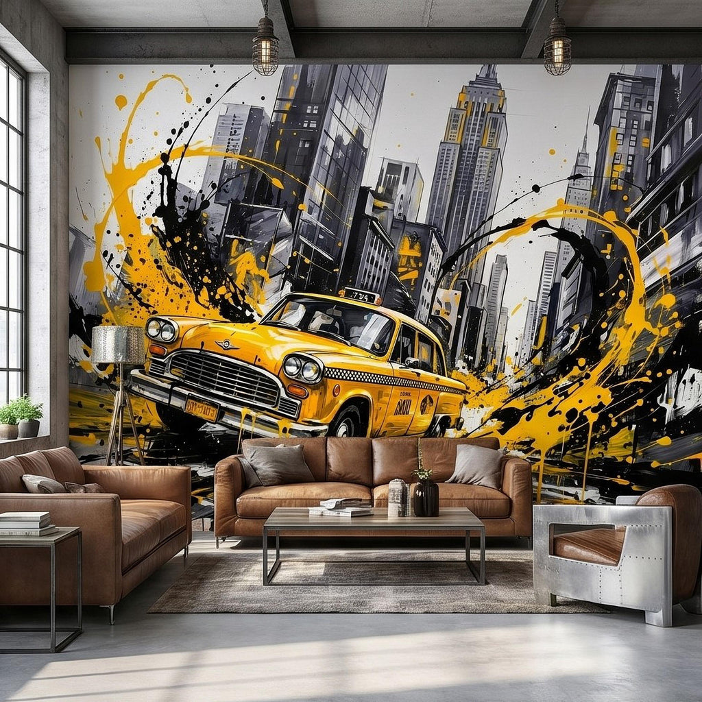 New York City Taxi Peel and Stick Wall Mural, Yellow Cab Manhattan Skyline, Black White Ink Splash Cityscape Street Style Graffiti Wallpaper