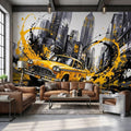 New York City Taxi Peel and Stick Wall Mural, Yellow Cab Manhattan Skyline, Black White Ink Splash Cityscape Street Style Graffiti Wallpaper