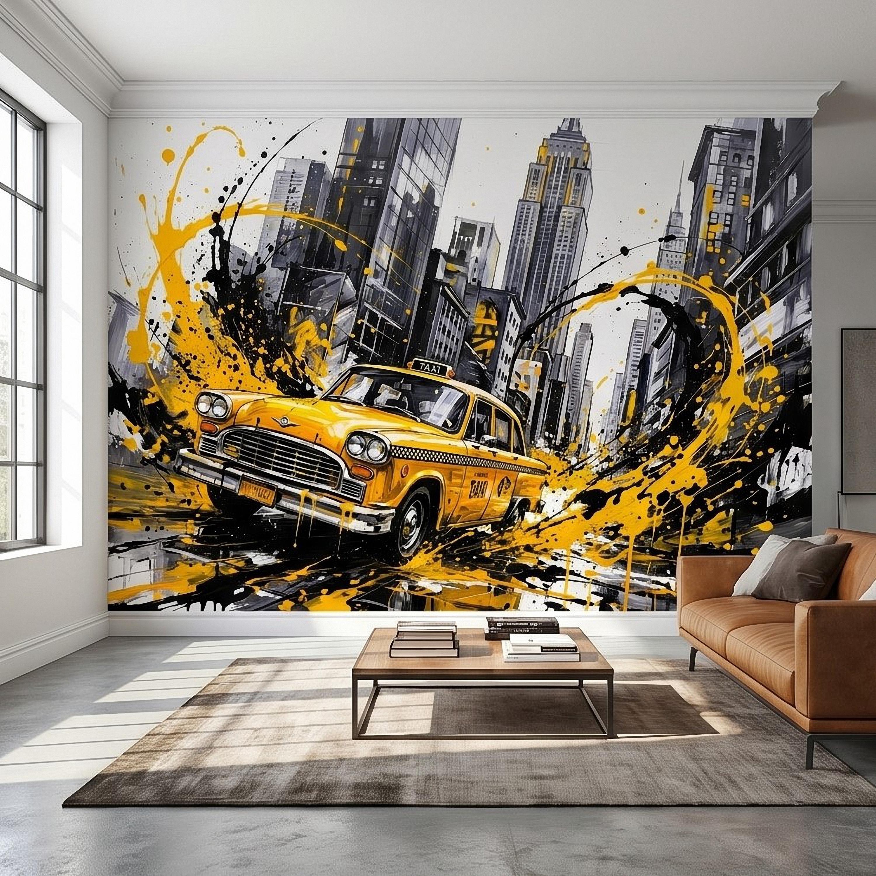 New York City Taxi Peel and Stick Wall Mural, Yellow Cab Manhattan Skyline, Black White Ink Splash Cityscape Street Style Graffiti Wallpaper