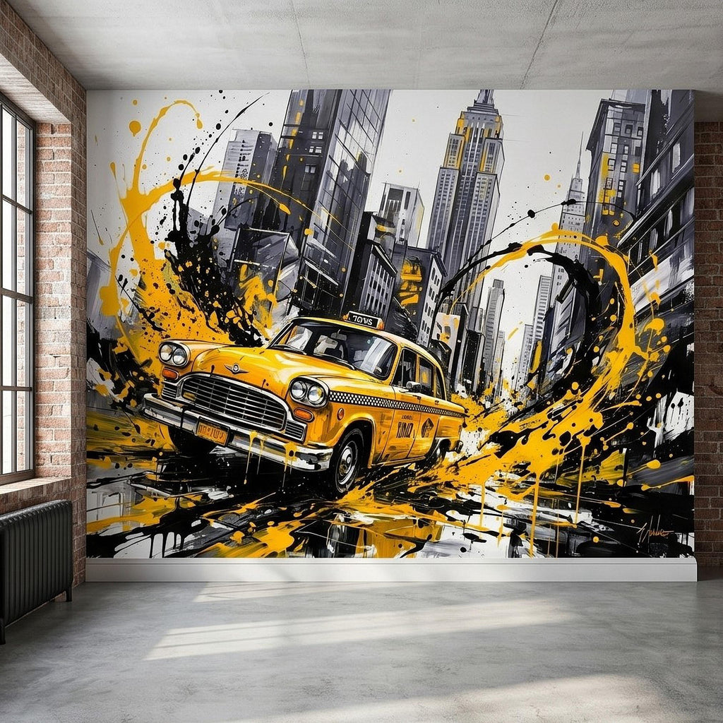 New York City Taxi Peel and Stick Wall Mural, Yellow Cab Manhattan Skyline, Black White Ink Splash Cityscape Street Style Graffiti Wallpaper