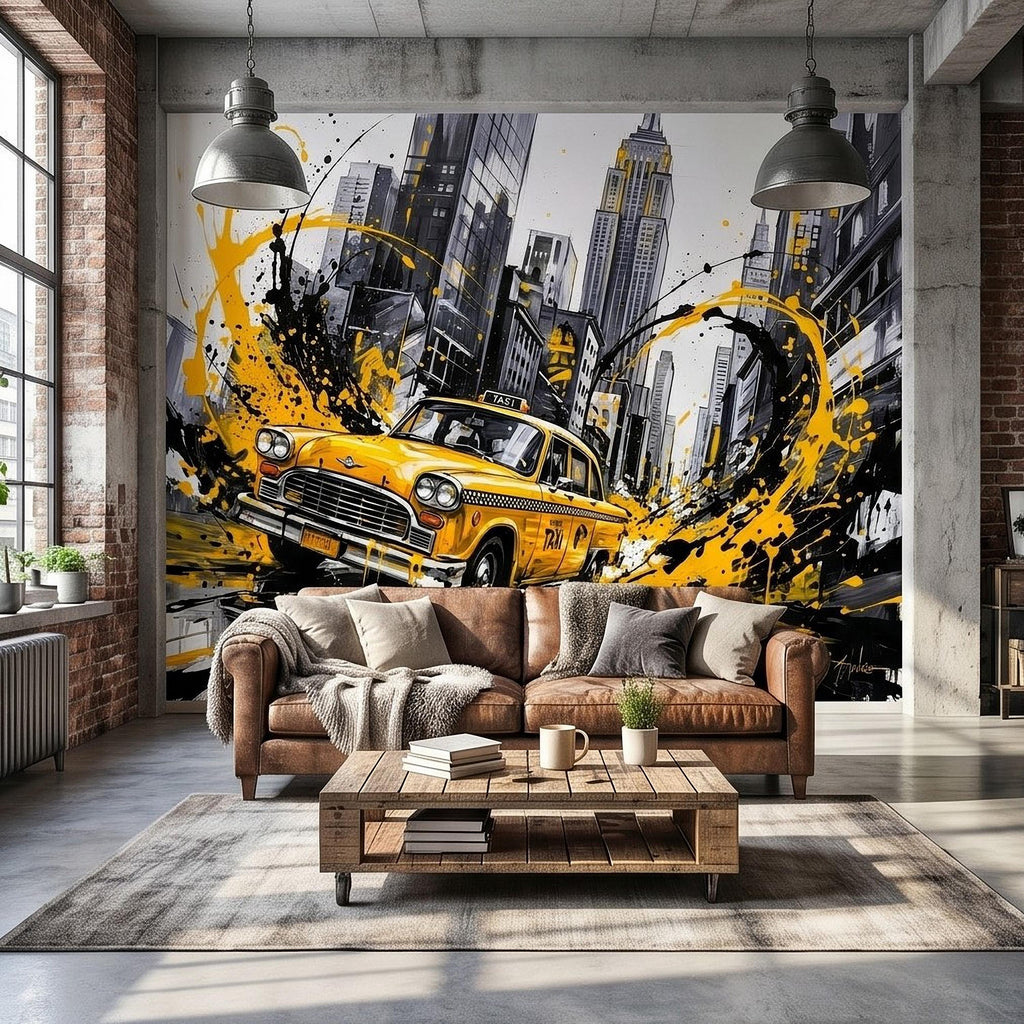 New York City Taxi Peel and Stick Wall Mural, Yellow Cab Manhattan Skyline, Black White Ink Splash Cityscape Street Style Graffiti Wallpaper