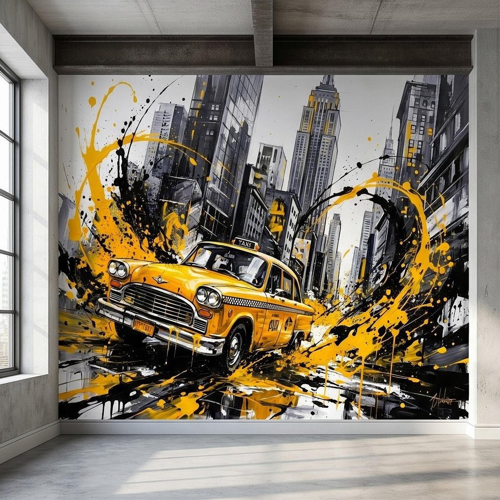 New York City Taxi Peel and Stick Wall Mural, Yellow Cab Manhattan Skyline, Black White Ink Splash Cityscape Street Style Graffiti Wallpaper