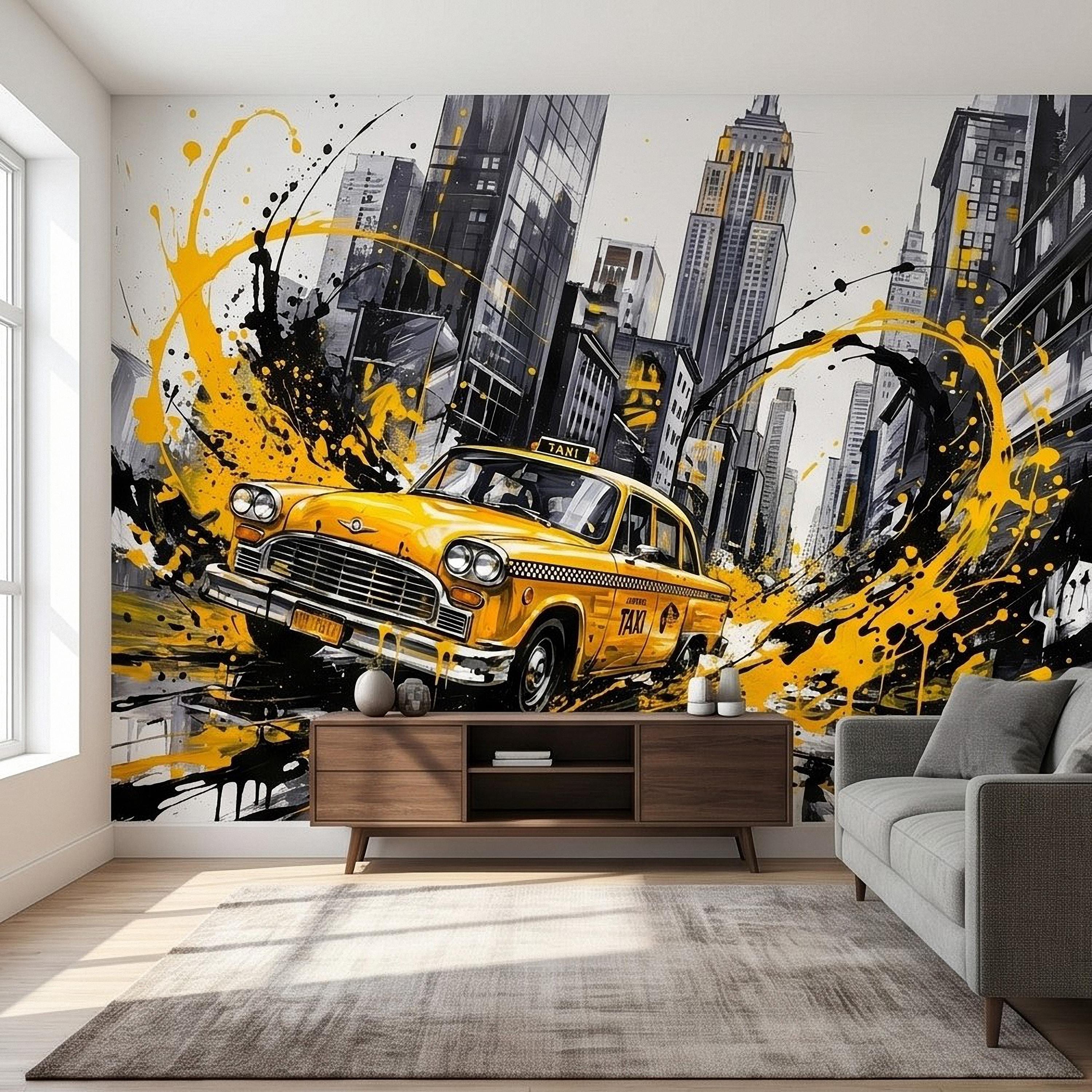 New York City Taxi Peel and Stick Wall Mural, Yellow Cab Manhattan Skyline, Black White Ink Splash Cityscape Street Style Graffiti Wallpaper