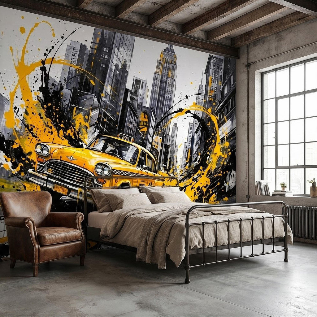 New York City Taxi Peel and Stick Wall Mural, Yellow Cab Manhattan Skyline, Black White Ink Splash Cityscape Street Style Graffiti Wallpaper