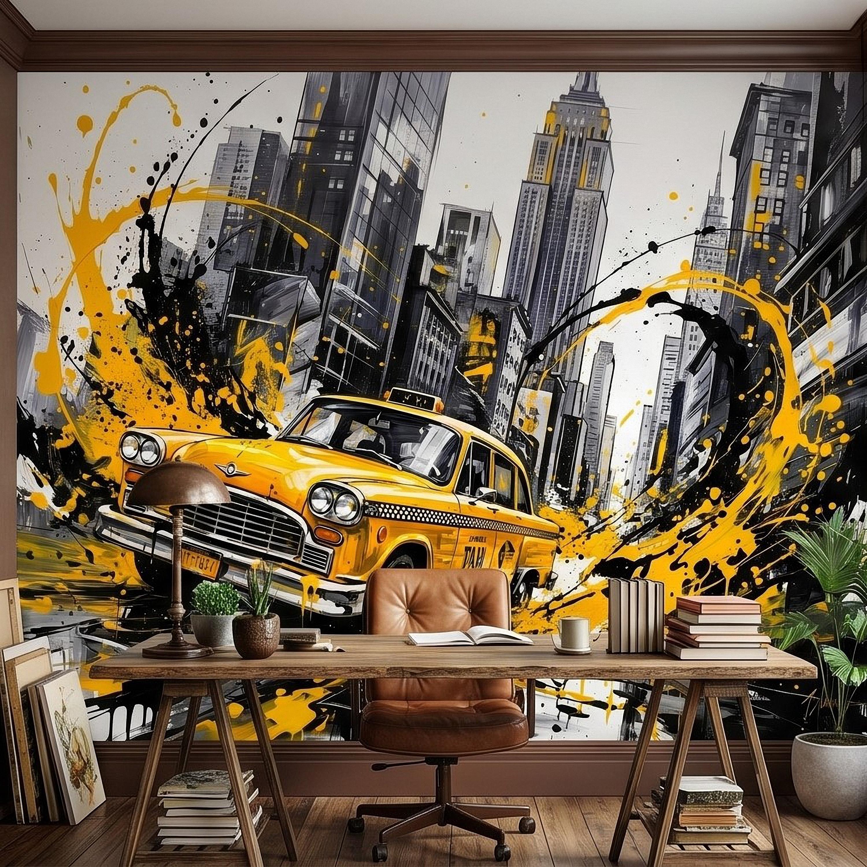 New York City Taxi Peel and Stick Wall Mural, Yellow Cab Manhattan Skyline, Black White Ink Splash Cityscape Street Style Graffiti Wallpaper