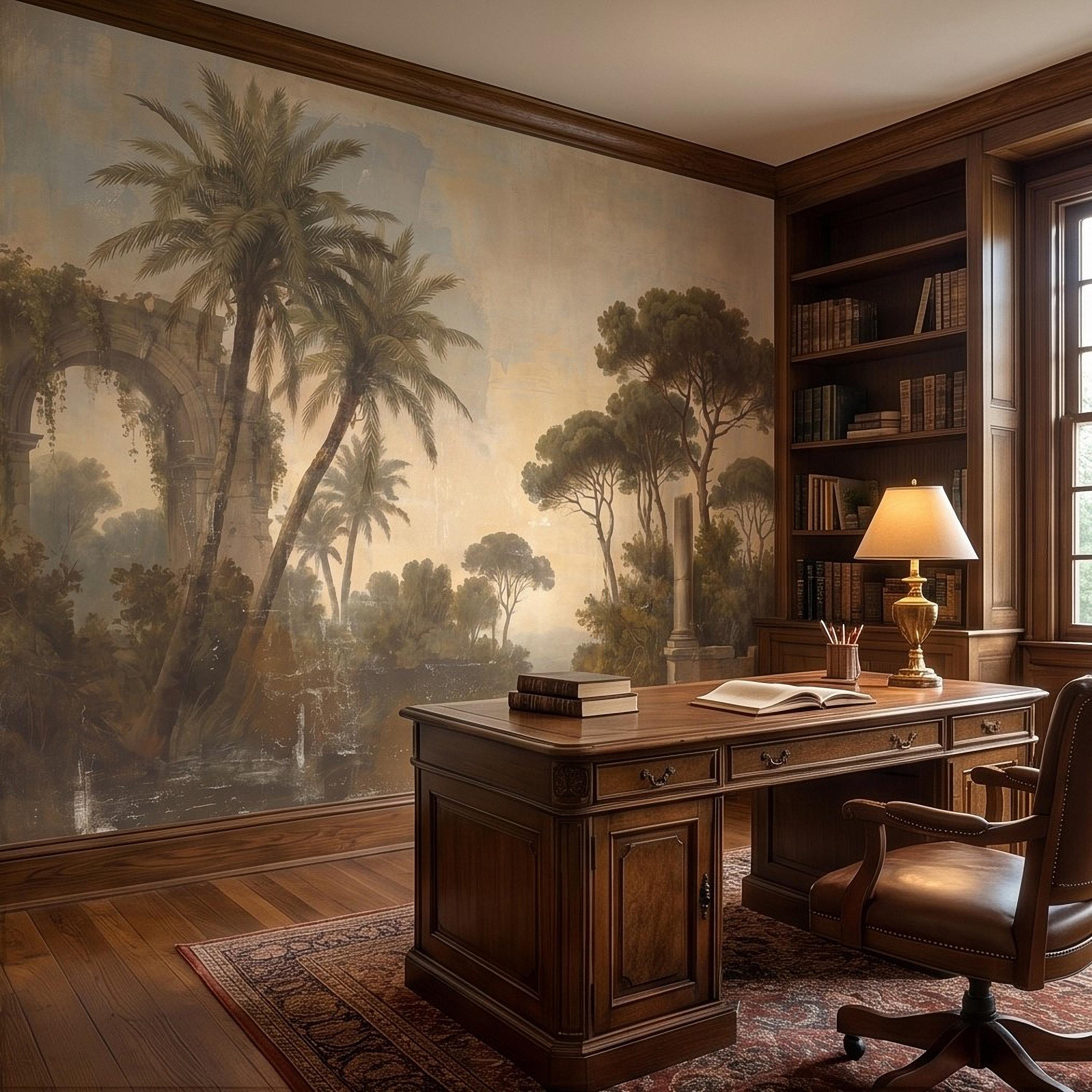 Vintage Mediterranean Landscape Peel and Stick Wall Mural, Palm Trees & Roman Ruins, Soft Sunset Garden Scene, Antique Fresco Wallpaper