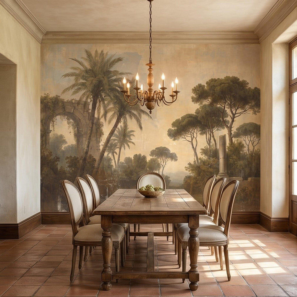Vintage Mediterranean Landscape Peel and Stick Wall Mural, Palm Trees & Roman Ruins, Soft Sunset Garden Scene, Antique Fresco Wallpaper