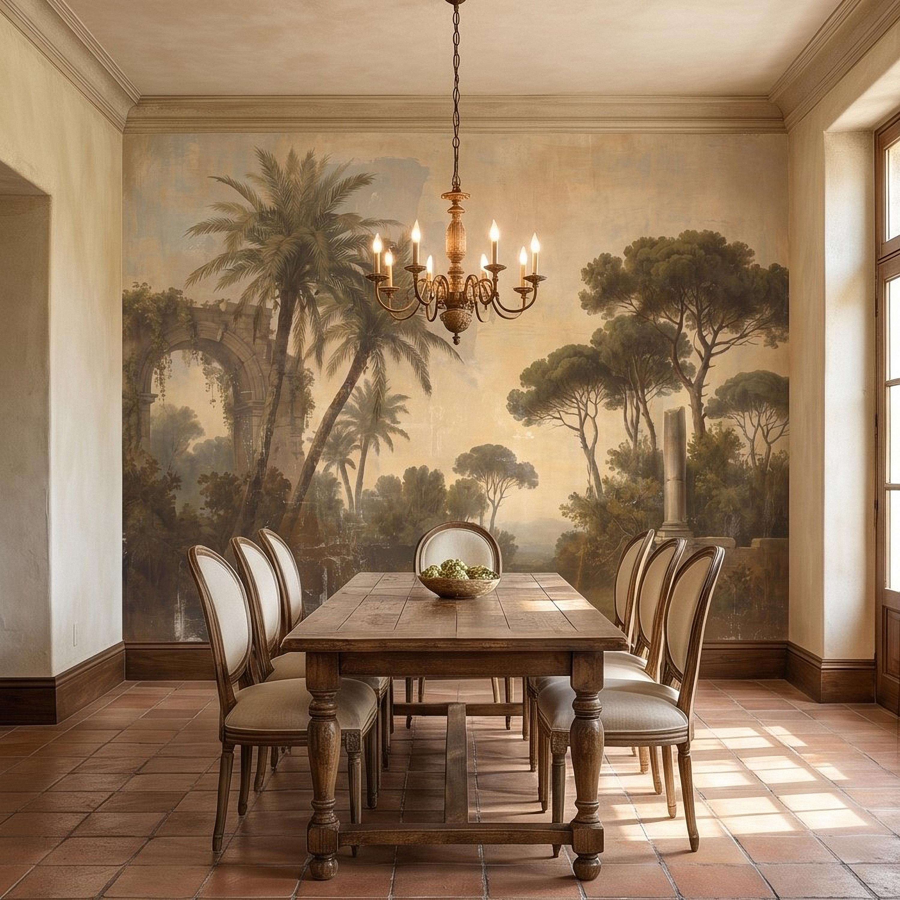 Vintage Mediterranean Landscape Peel and Stick Wall Mural, Palm Trees & Roman Ruins, Soft Sunset Garden Scene, Antique Fresco Wallpaper