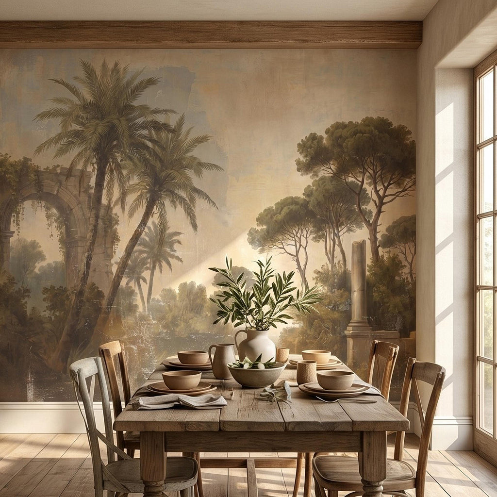 Vintage Mediterranean Landscape Peel and Stick Wall Mural, Palm Trees & Roman Ruins, Soft Sunset Garden Scene, Antique Fresco Wallpaper