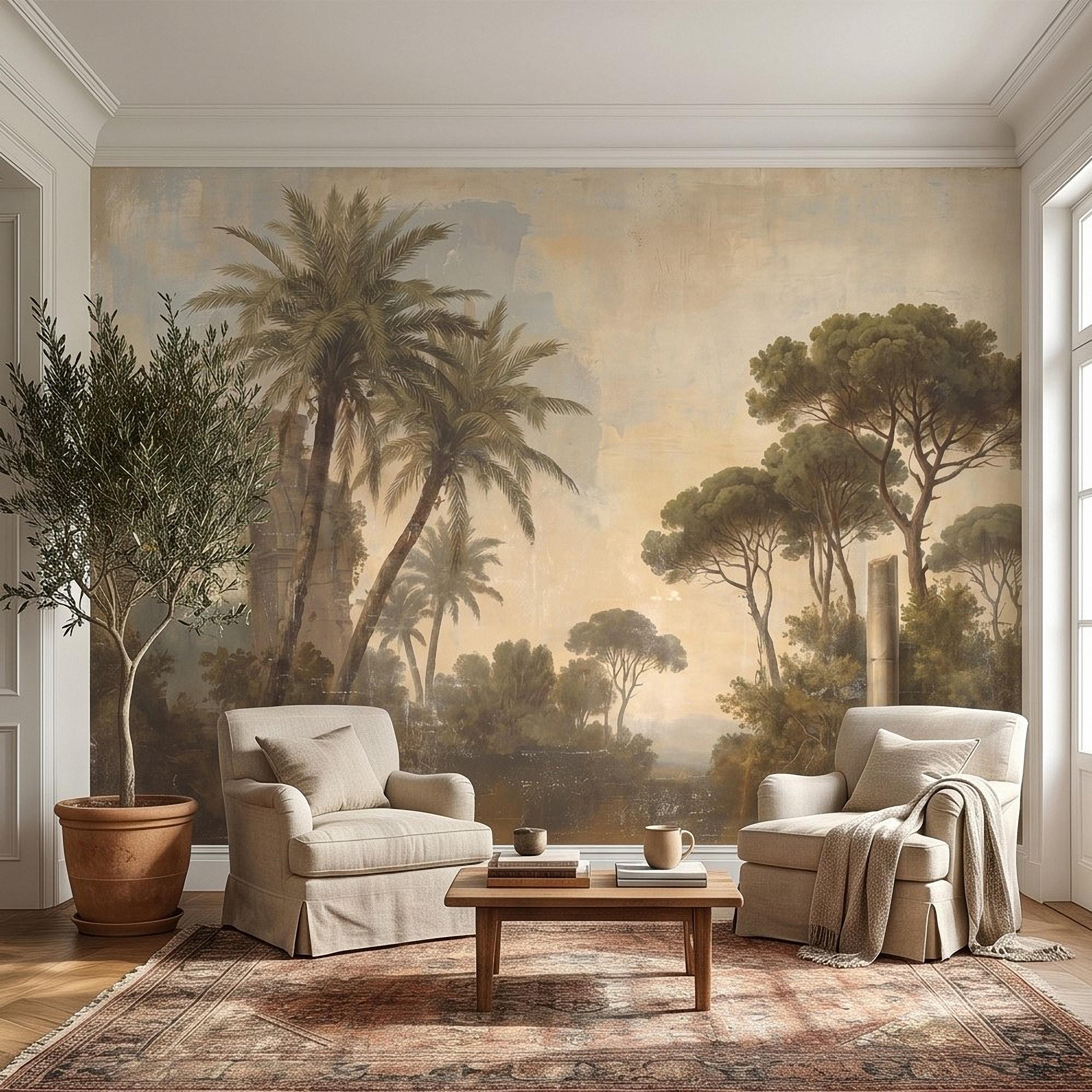 Vintage Mediterranean Landscape Peel and Stick Wall Mural, Palm Trees & Roman Ruins, Soft Sunset Garden Scene, Antique Fresco Wallpaper