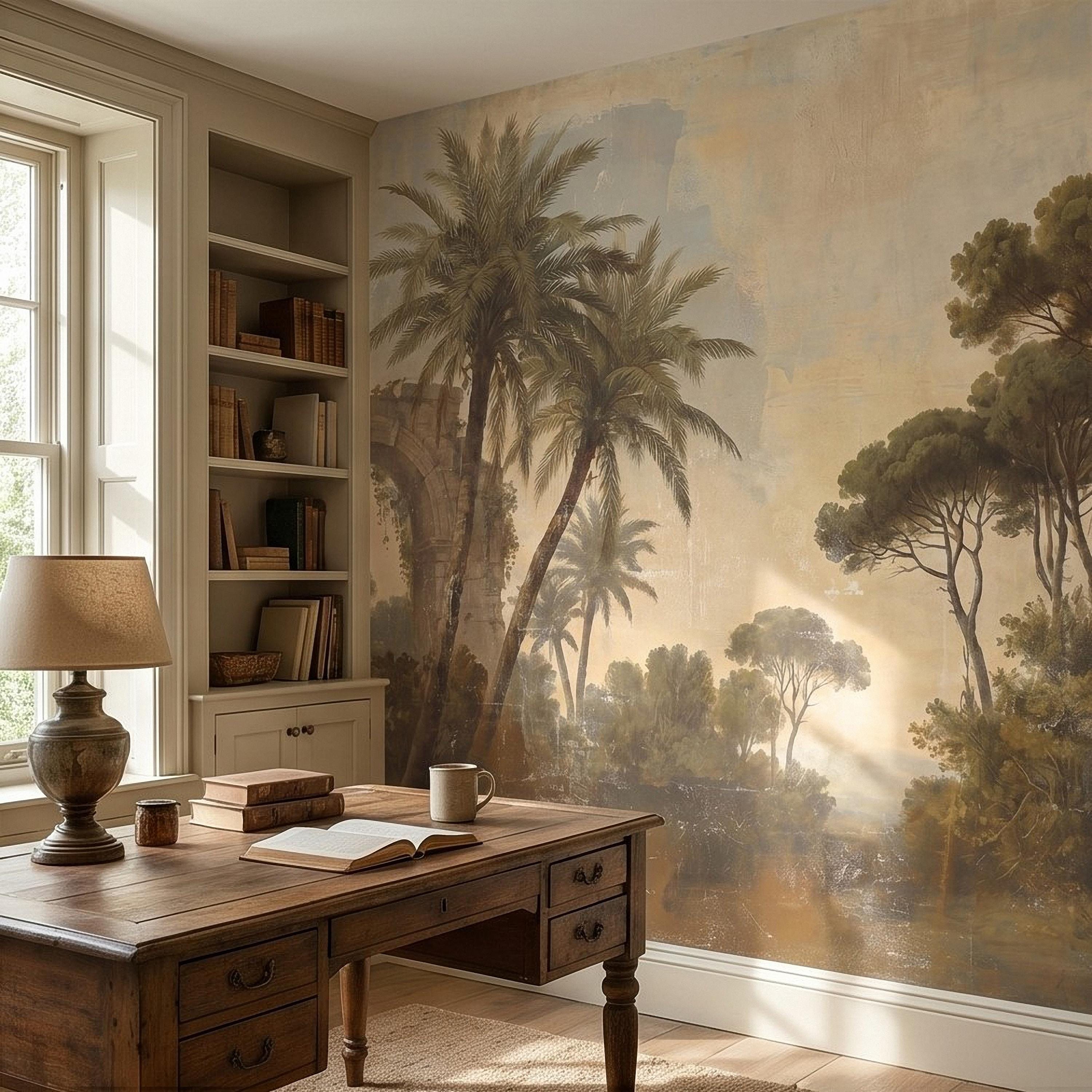 Vintage Mediterranean Landscape Peel and Stick Wall Mural, Palm Trees & Roman Ruins, Soft Sunset Garden Scene, Antique Fresco Wallpaper