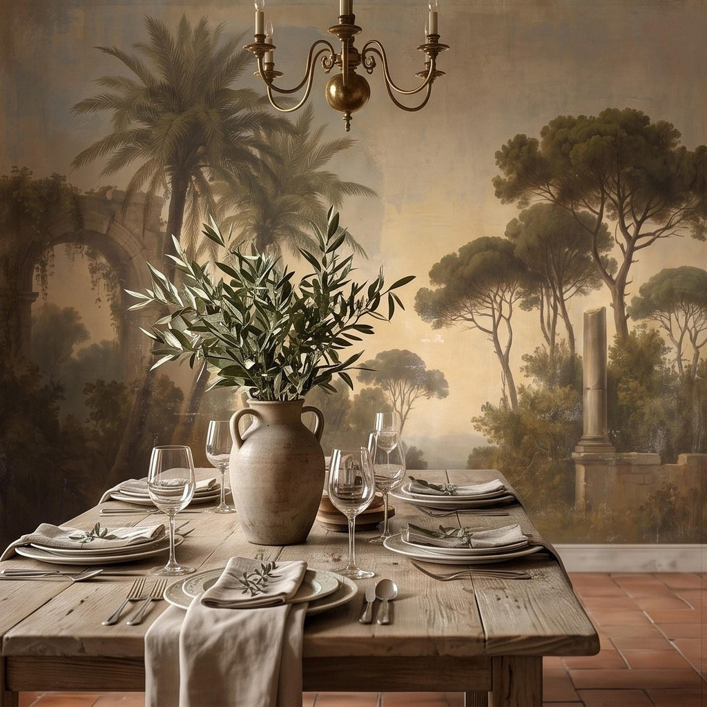 Vintage Mediterranean Landscape Peel and Stick Wall Mural, Palm Trees & Roman Ruins, Soft Sunset Garden Scene, Antique Fresco Wallpaper
