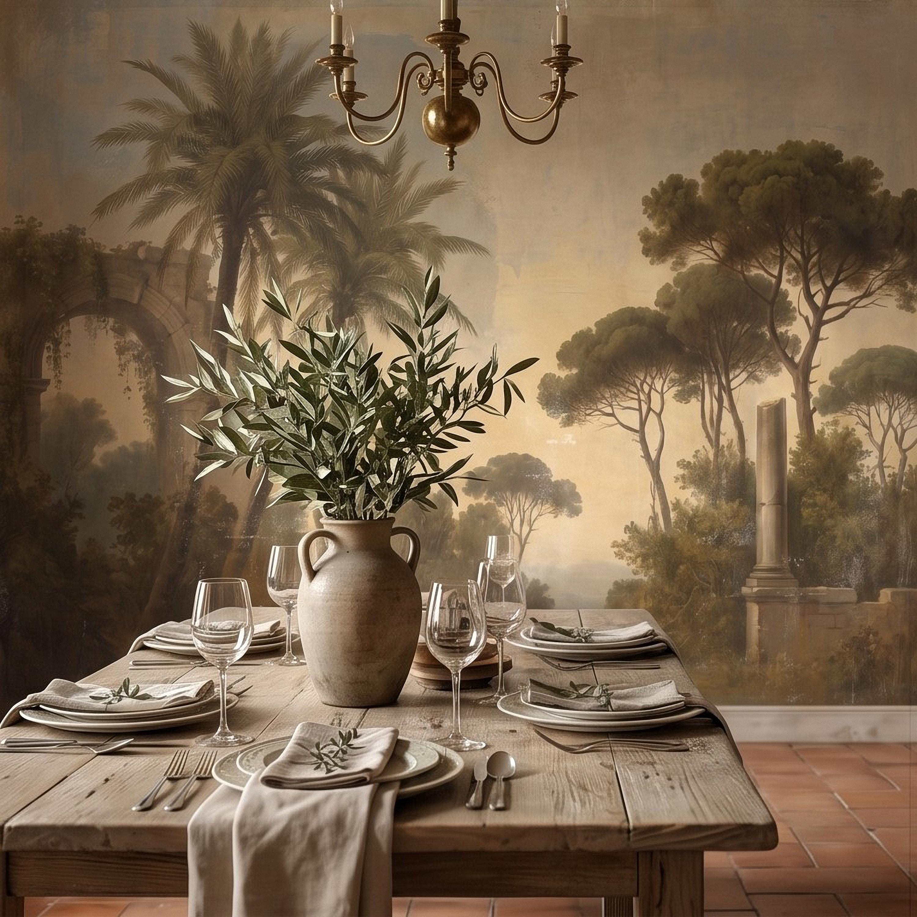 Vintage Mediterranean Landscape Peel and Stick Wall Mural, Palm Trees & Roman Ruins, Soft Sunset Garden Scene, Antique Fresco Wallpaper