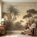 Vintage Mediterranean Landscape Peel and Stick Wall Mural, Palm Trees & Roman Ruins, Soft Sunset Garden Scene, Antique Fresco Wallpaper